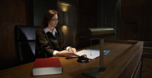 Female judge on the bench in a court room