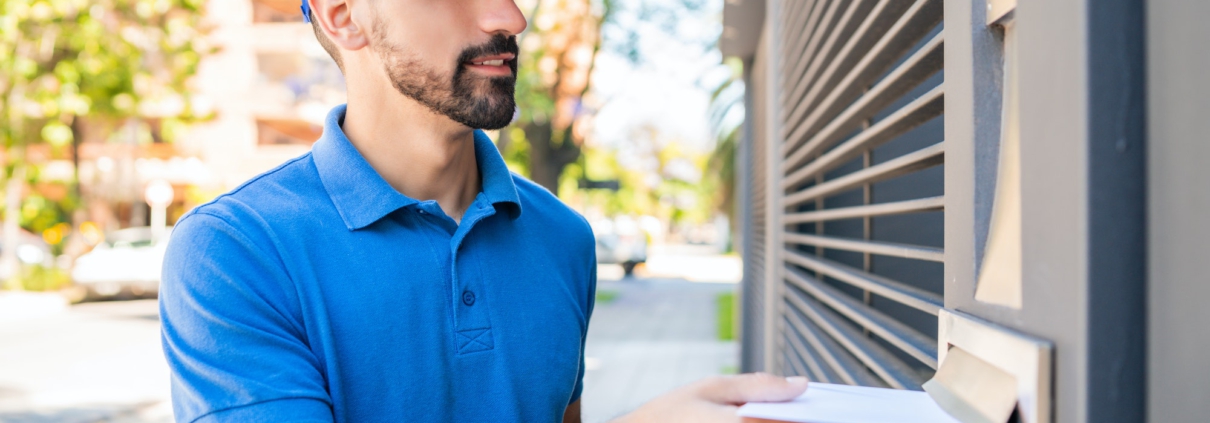 Postman putting letter in mailbox.