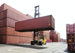 Person Transporting Cargo Container From Forklift In Commercial Dock