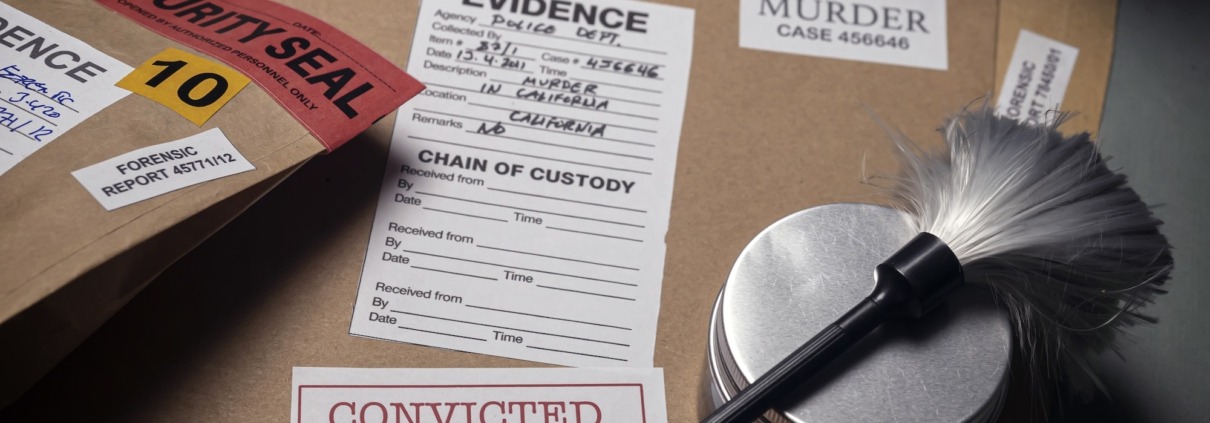 Files and evidence bag in a crime lab, conceptual image