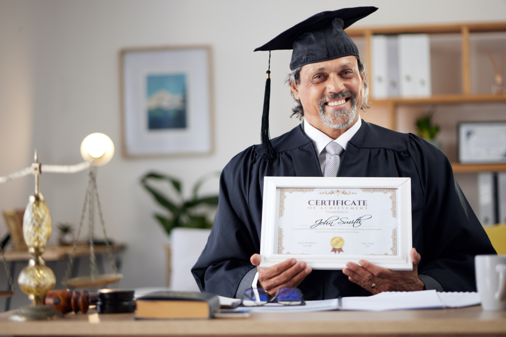 Law, portrait and a mature graduate with a certificate from education achievement in an office. Smi