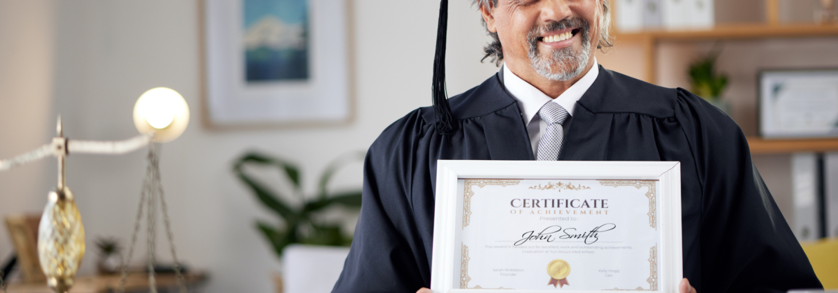 Law, portrait and a mature graduate with a certificate from education achievement in an office. Smi
