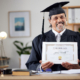 Law, portrait and a mature graduate with a certificate from education achievement in an office. Smi