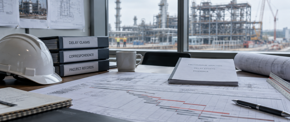 Projektbesprechung zu Verzögerungsschäden im Anlagenbau mit Terminplan vor einer Industrieanlage