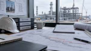 Projektbesprechung zu Verzögerungsschäden im Anlagenbau mit Terminplan vor einer Industrieanlage